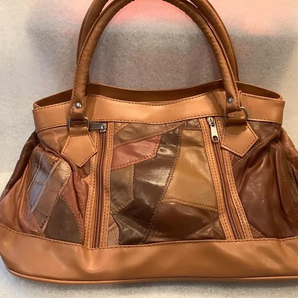 Vintage Women's Brown Patchwork Leather Satchel Handbag NWT - Picture 3 of 6
